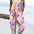 Women's Art Oil Painting Colourful Flowers Print Casual 100% Cotton Wide Leg Jumpsuit