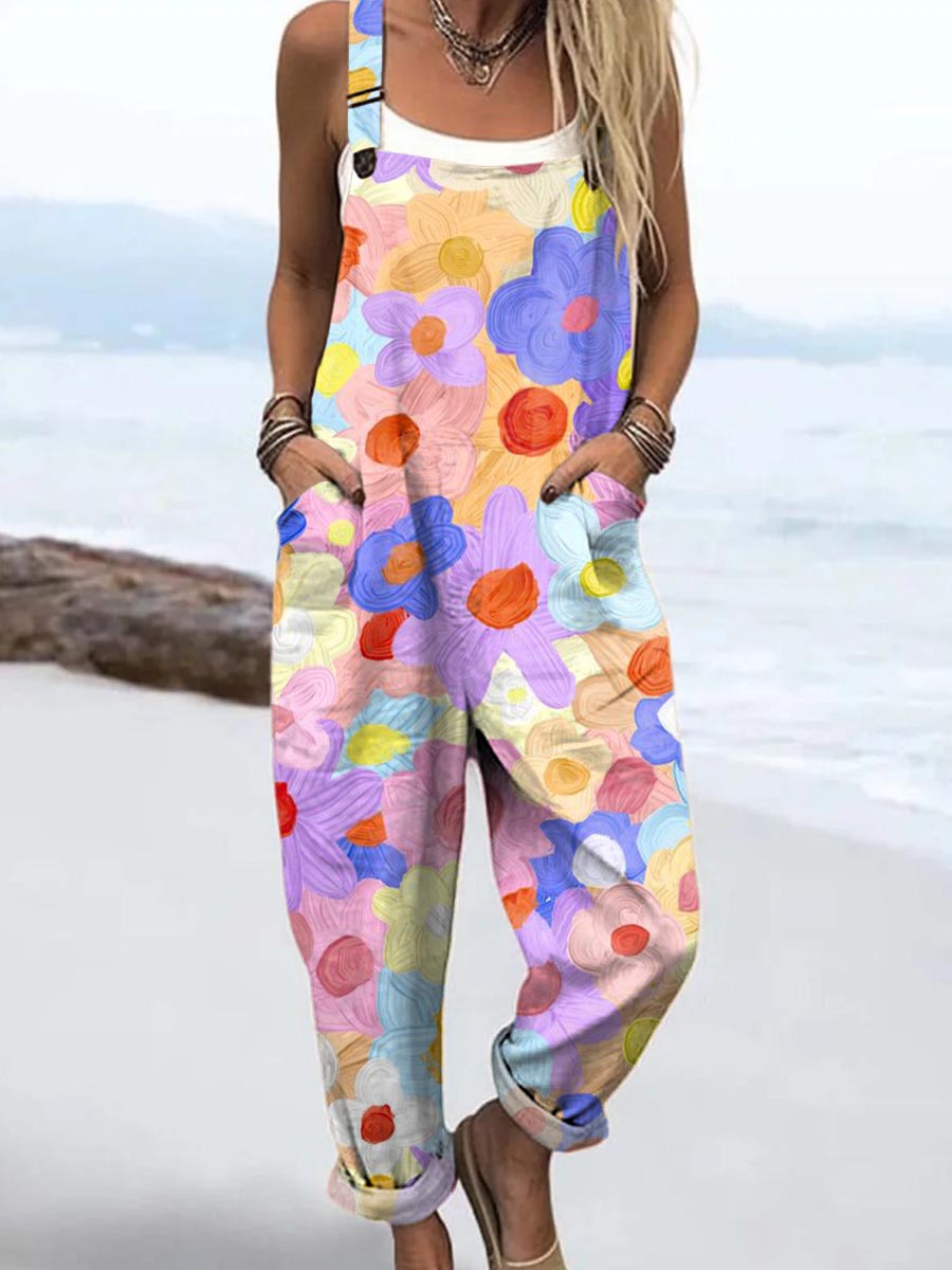 Women's Art Oil Painting Colourful Flowers Print Casual 100% Cotton Wide Leg Jumpsuit