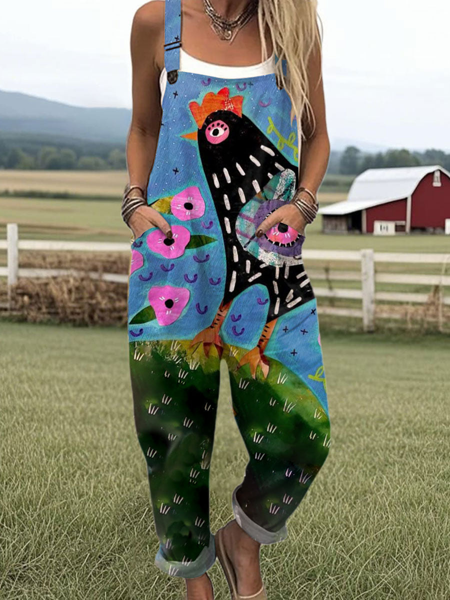 Women's  Funny Chick Art Print Casual 100% Cotton Wide Leg Jumpsuit