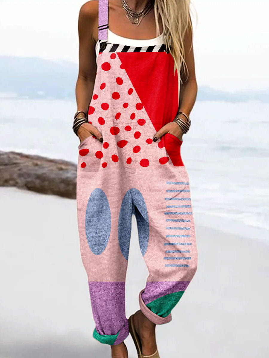 Women's Vintage Abstract Geometric Line Art Print Casual 100% Cotton Wide Leg Jumpsuit