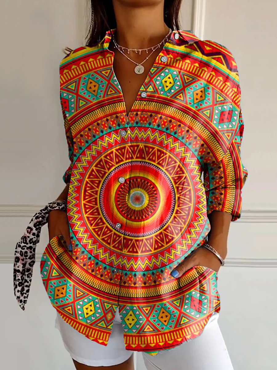 Women's Vintage Ethnic Pattern Art Print Casual Cotton Shirt