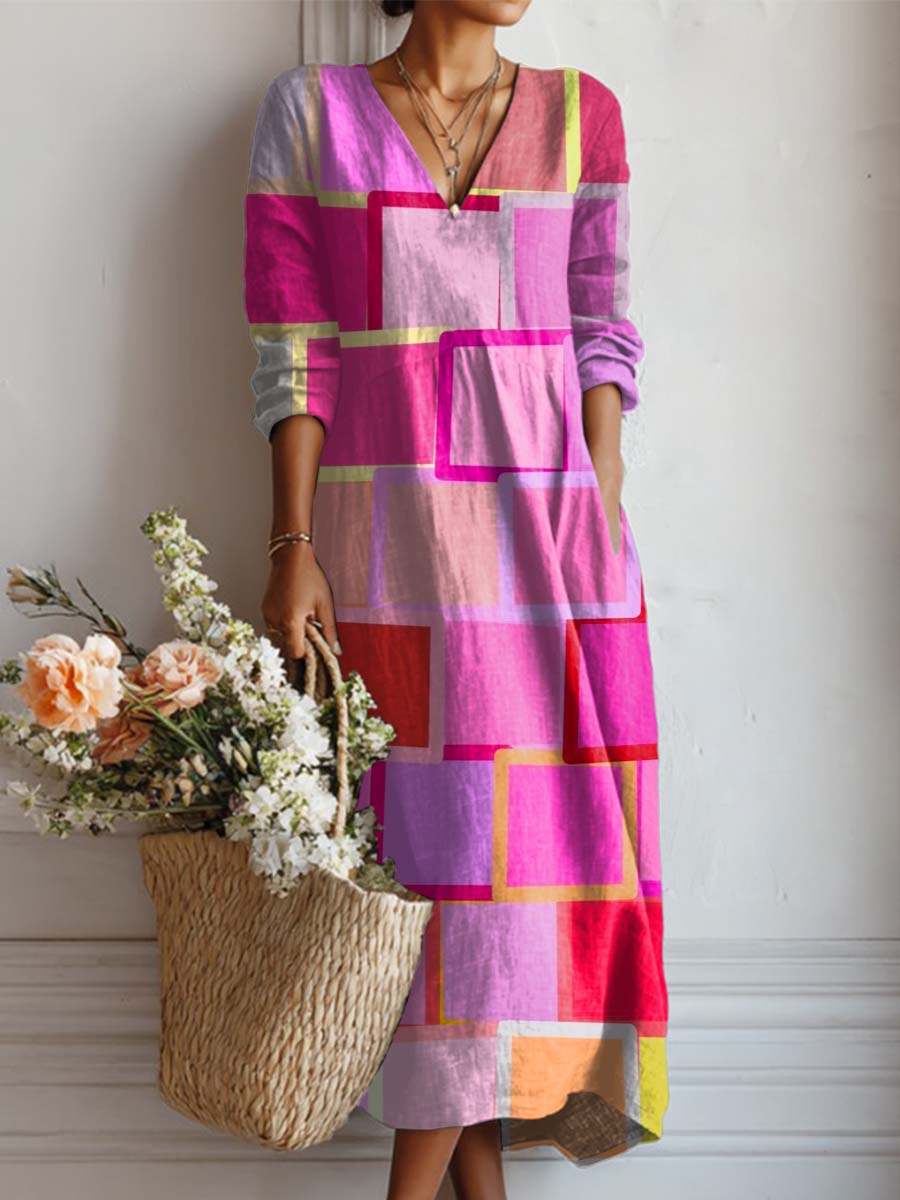 Women's Geometric Pattern Art Print Casual Cotton And Linen Pocket Dress