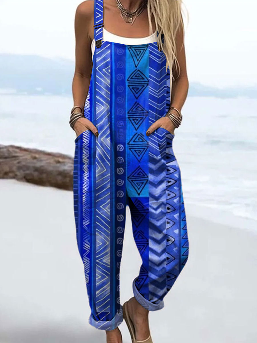 Women's Vintage Colorblock Geometric Art Print Casual 100% Cotton Wide Leg Jumpsuit