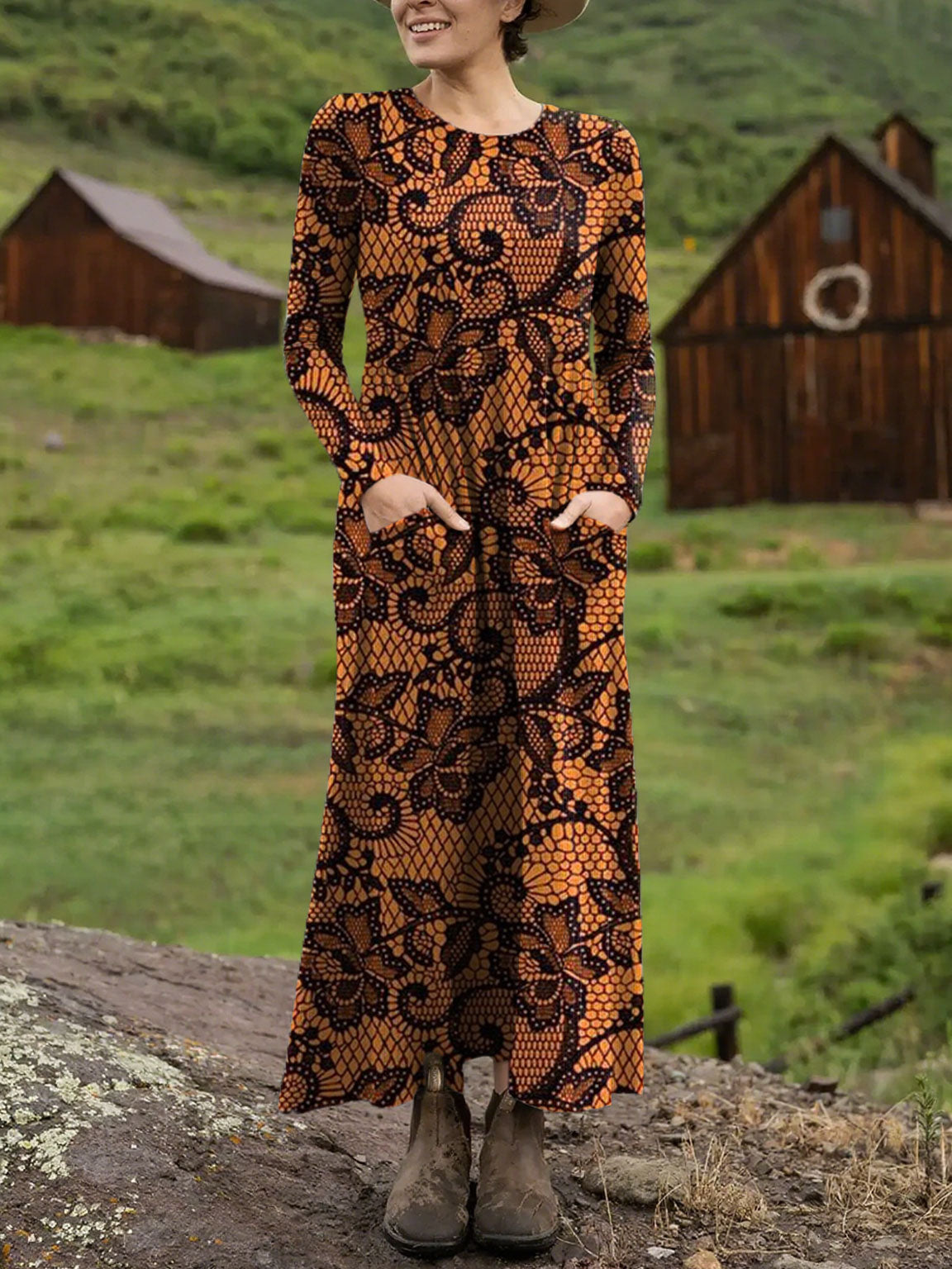 Women's Vintage Lace Flower  Art Printed Long-sleeved Casual Dress