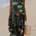 Women's Vintage Fish Pattern Art Print Sleeveless Cotton Pocket Wrap Dress