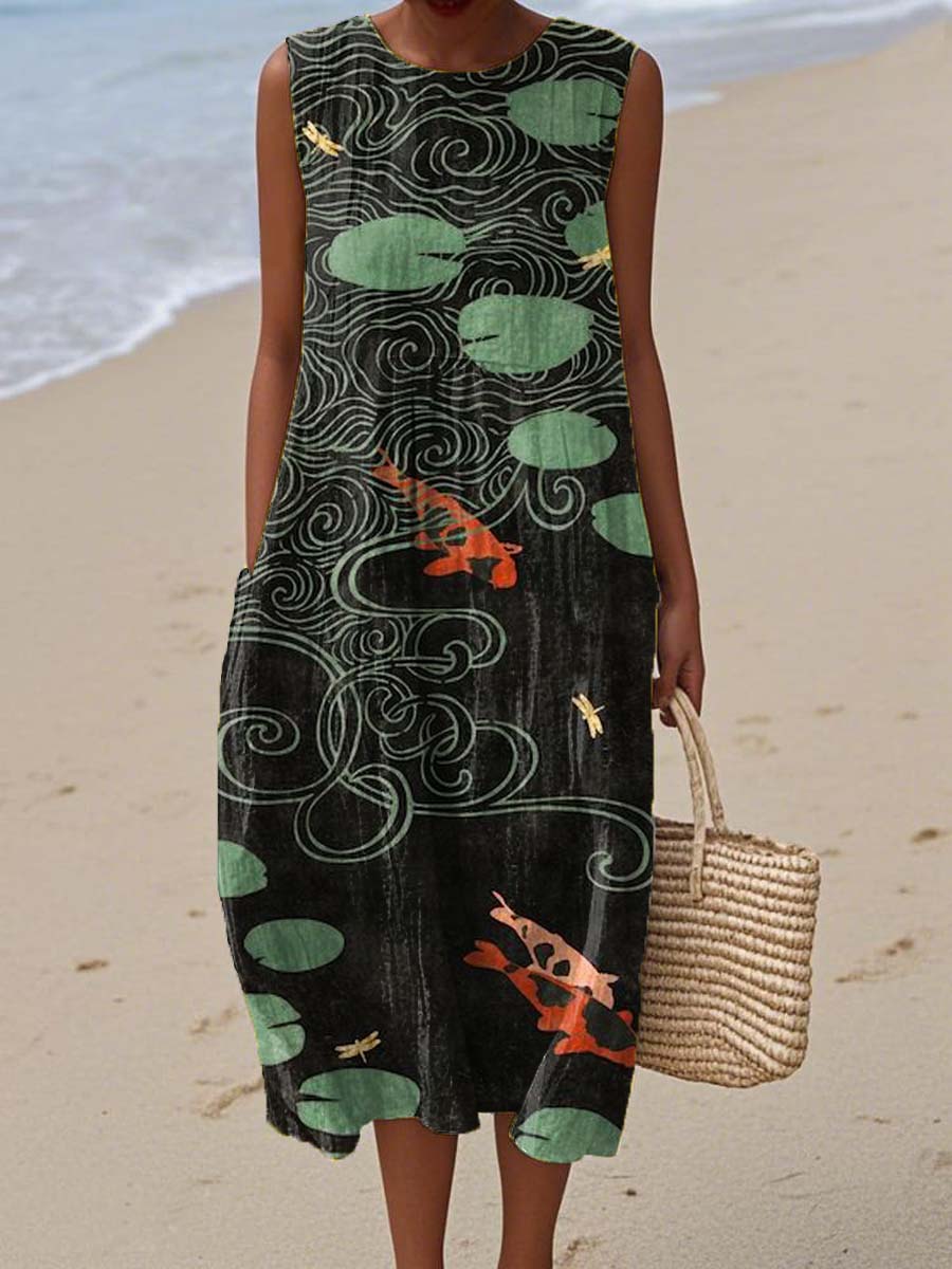 Women's Vintage Fish Pattern Art Print Sleeveless Cotton Pocket Wrap Dress