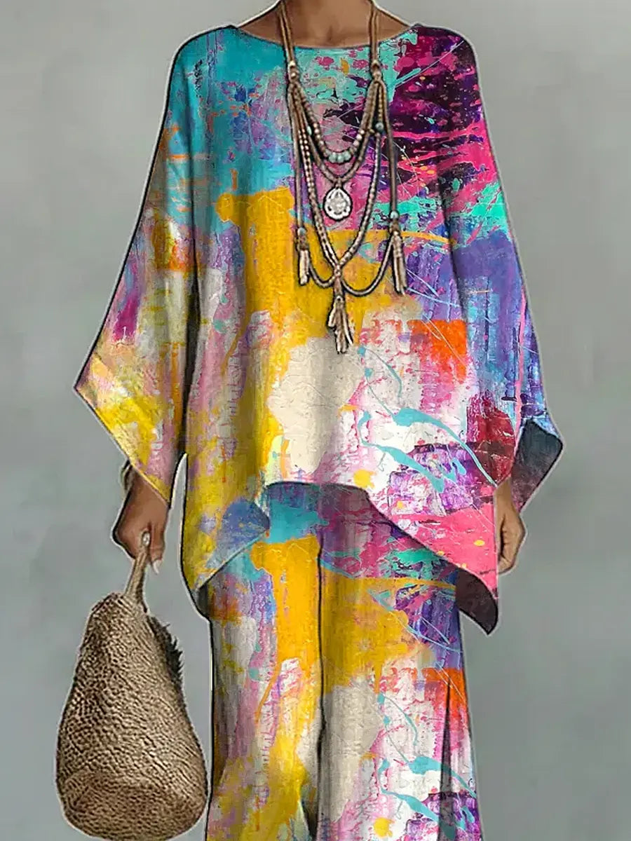 Women's Vintage Art Comfortable Loose Cotton Linen Wide-leg Pants Two-piece Set