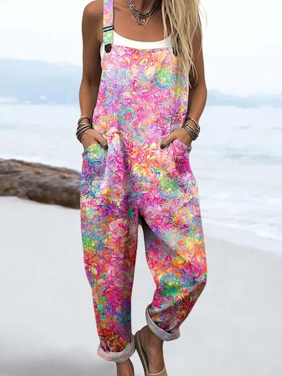 Women's Colourful Artistic Rendering Textures Print Casual 100% Cotton Wide Leg Jumpsuit