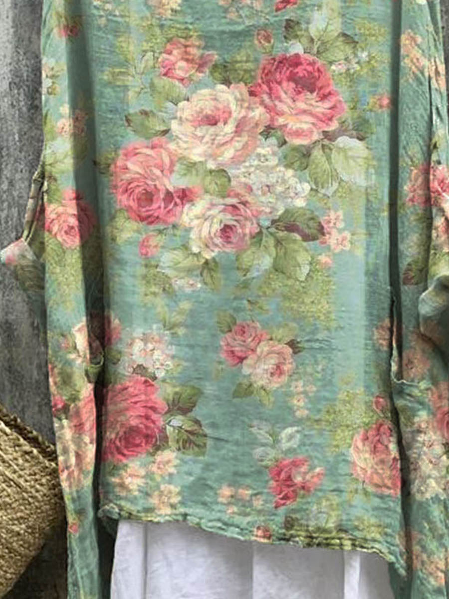 Women's Vintage Floral Art Print Casual Linen Cotton Pullover Top