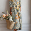 Women's Vintage Flower Art Print Linen Pocket Tunic Dress