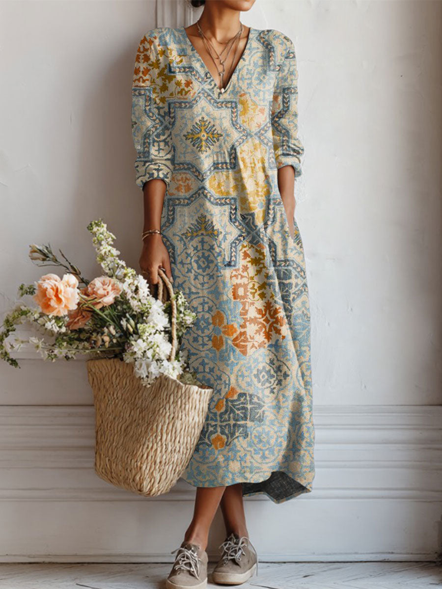 Women's Vintage Flower Art Print Linen Pocket Tunic Dress