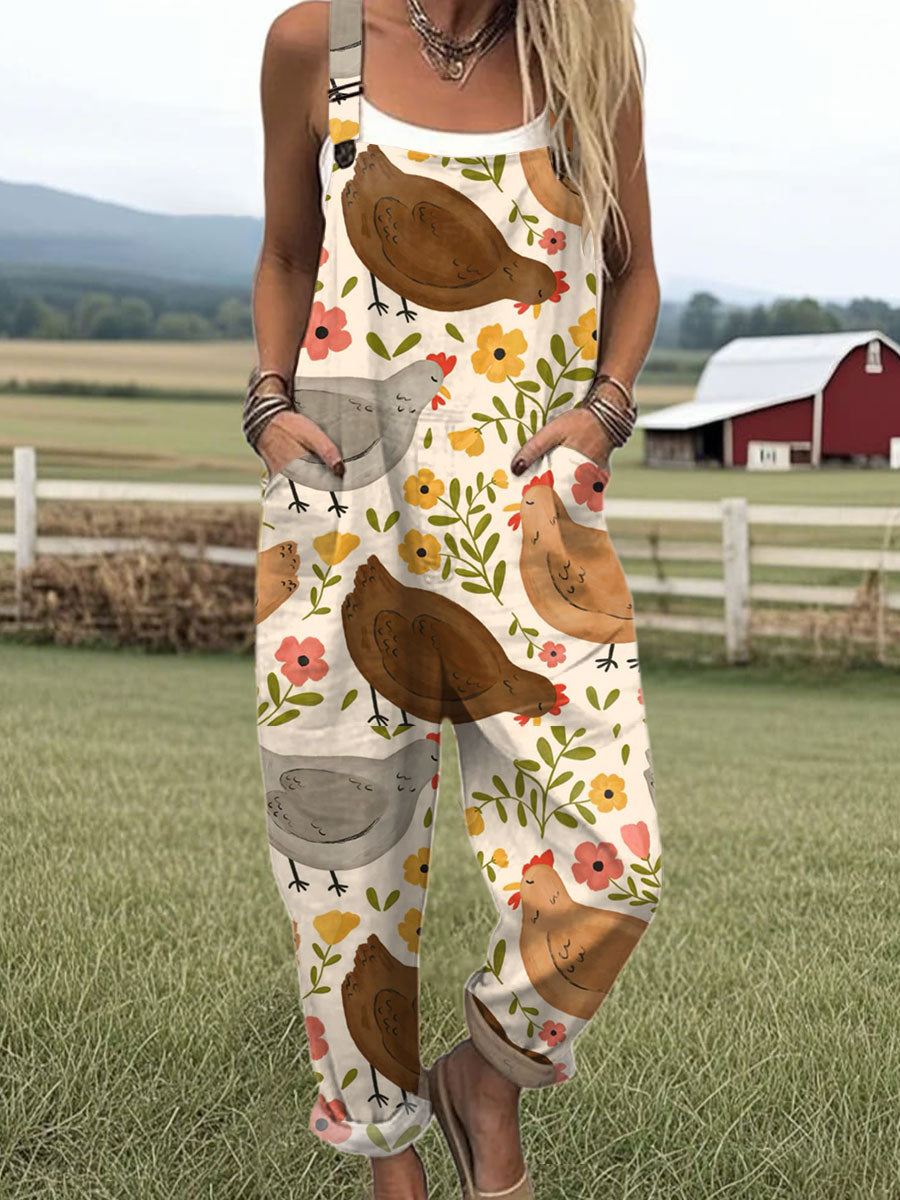 Women's  Funny Chick Art Print Casual 100% Cotton Wide Leg Jumpsuit