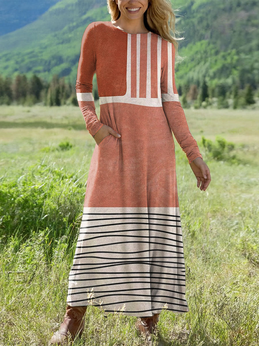 Women's Vintage Abstract Geometric  Art Printed Long-sleeved Casual Dress