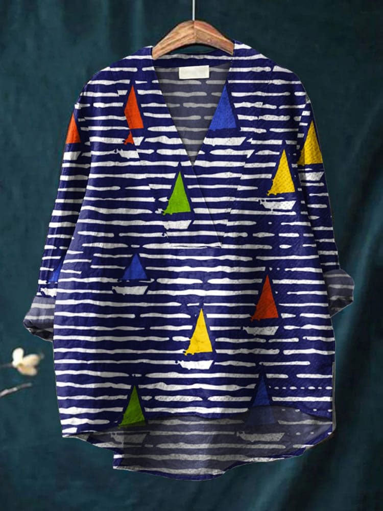 Women's  Sailboat Art Print Casual Cotton And Linen V-neck Shirt