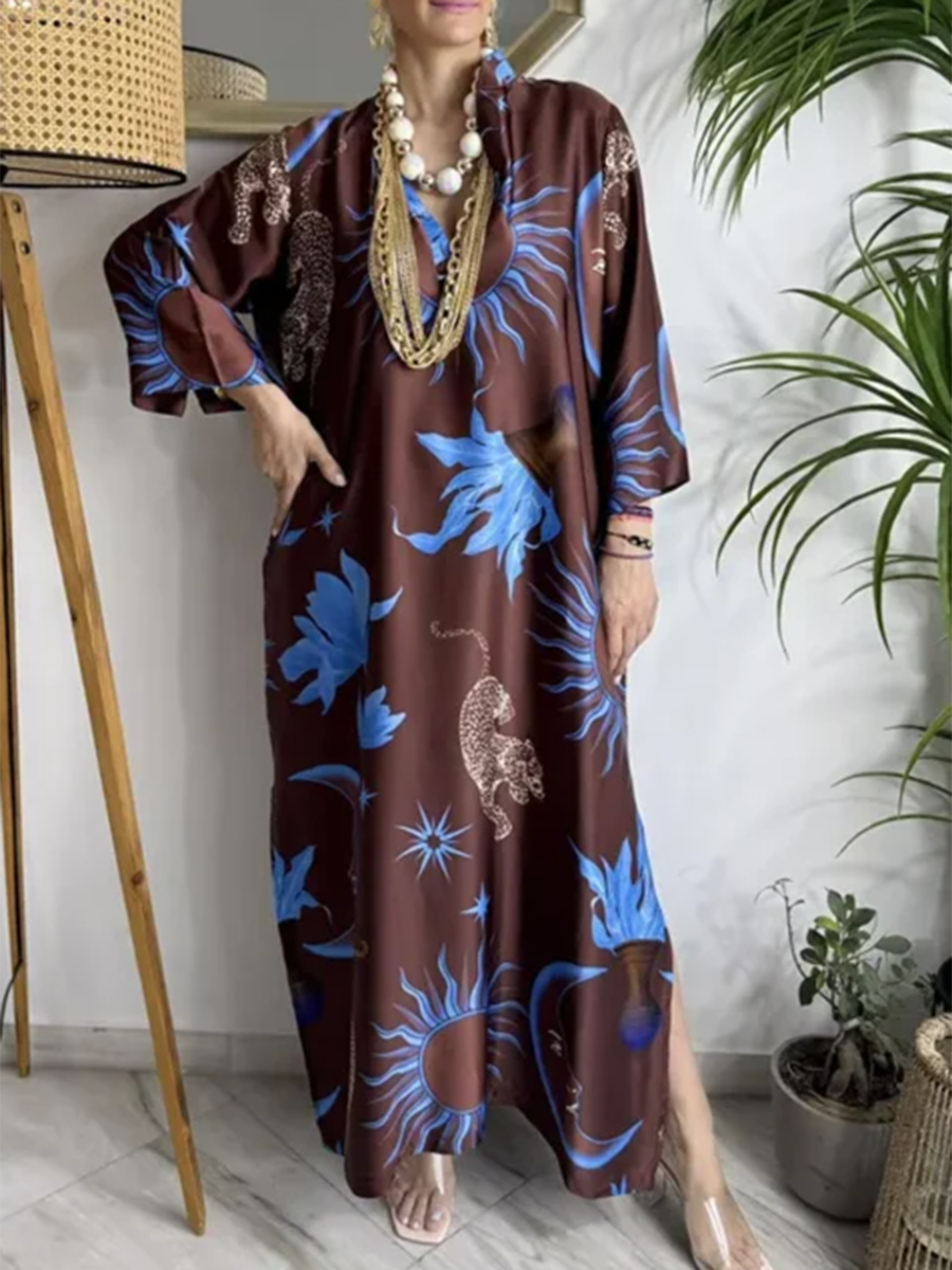 Women's Loose V-neck Sun God Print Dress