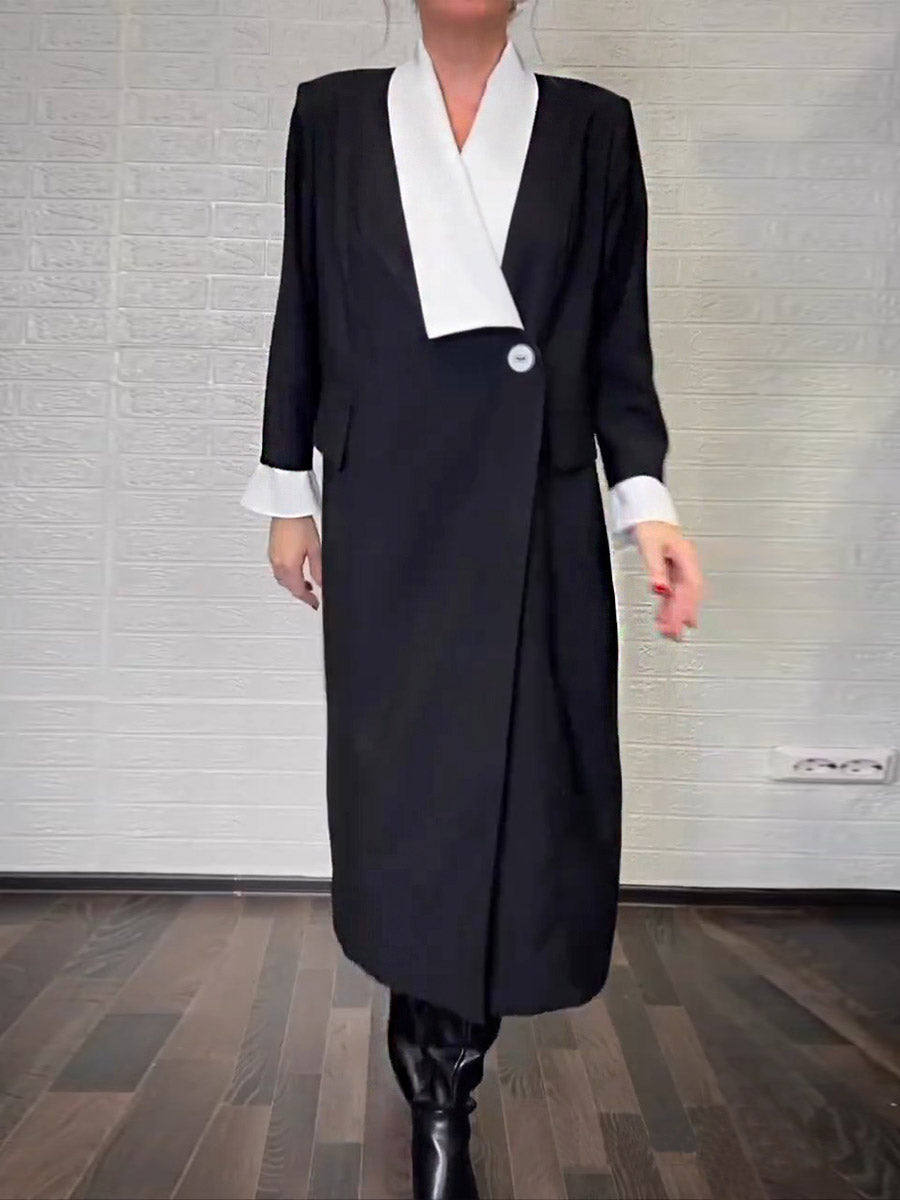 Women's Contrast Color V-Neck Long Sleeve Casual Loose Dress