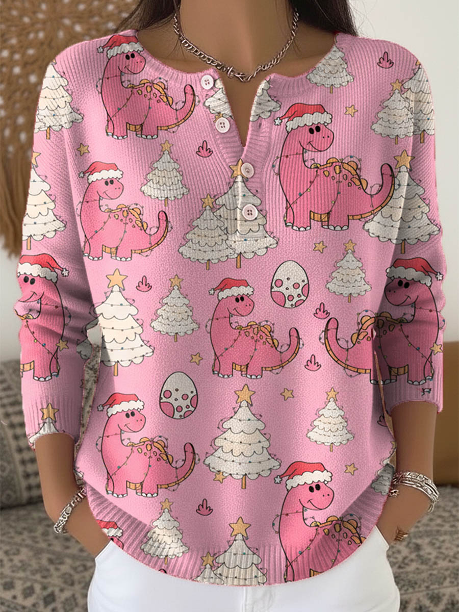 Women's Lovely Christmas Tree Dinosaur Art Print Buttoned Cardigan Sweater