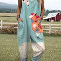 Women's  Vintage Sheep Art Print Casual 100% Cotton Wide Leg Jumpsuit