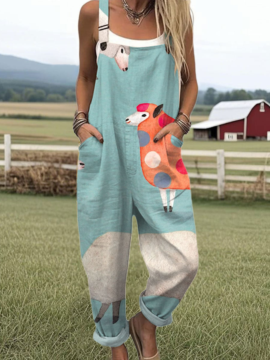 Women's  Vintage Sheep Art Print Casual 100% Cotton Wide Leg Jumpsuit