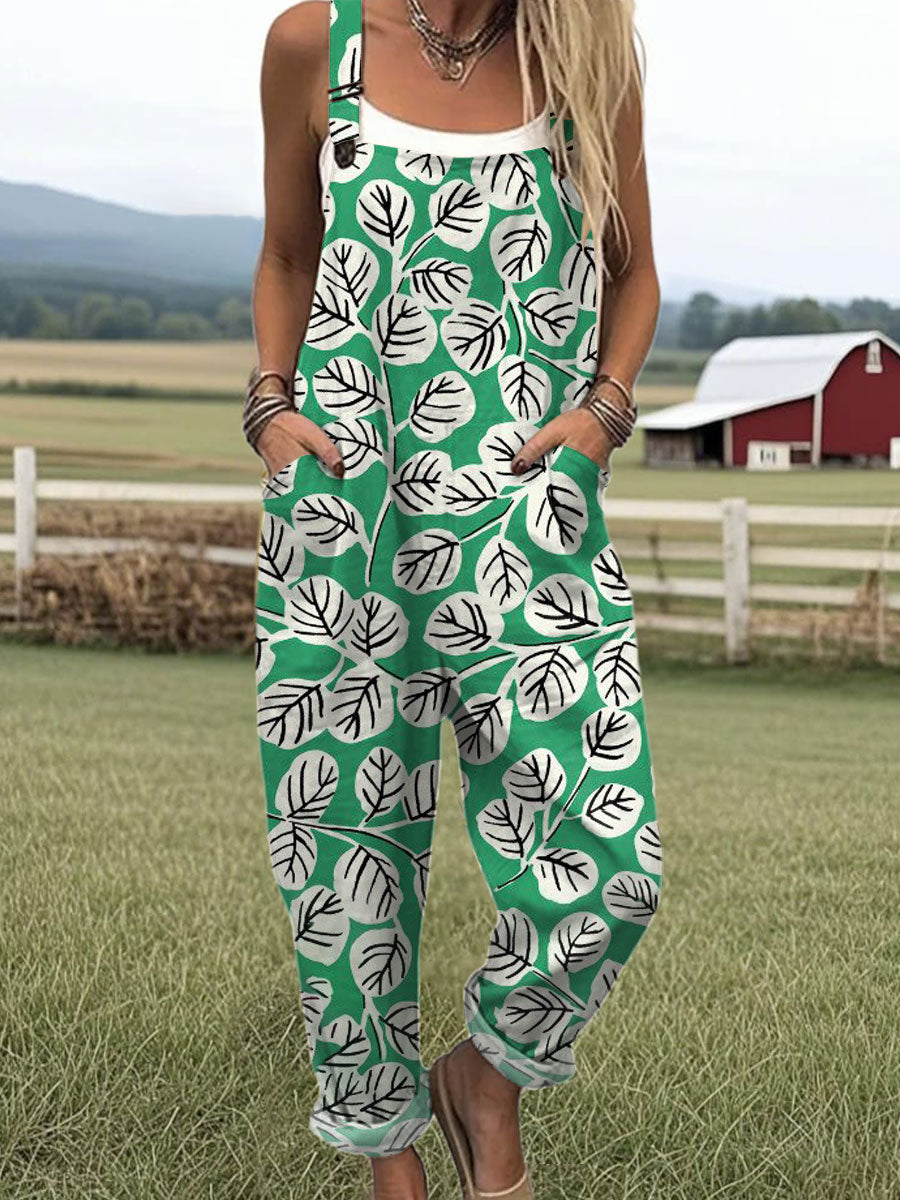 Women's  Vintage Flower Art Print Casual 100% Cotton Wide Leg Jumpsuit