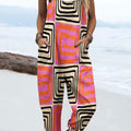Women's Vintage Abstract Geometric Line Art Print Casual 100% Cotton Wide Leg Jumpsuit