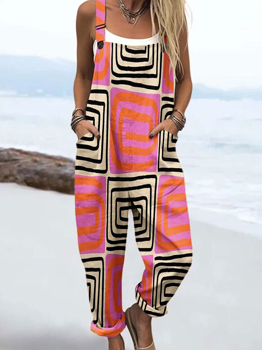 Women's Vintage Abstract Geometric Line Art Print Casual 100% Cotton Wide Leg Jumpsuit