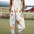 Women's Vintage Rooster Abstract Art Print Casual 100% Cotton Wide Leg Jumpsuit
