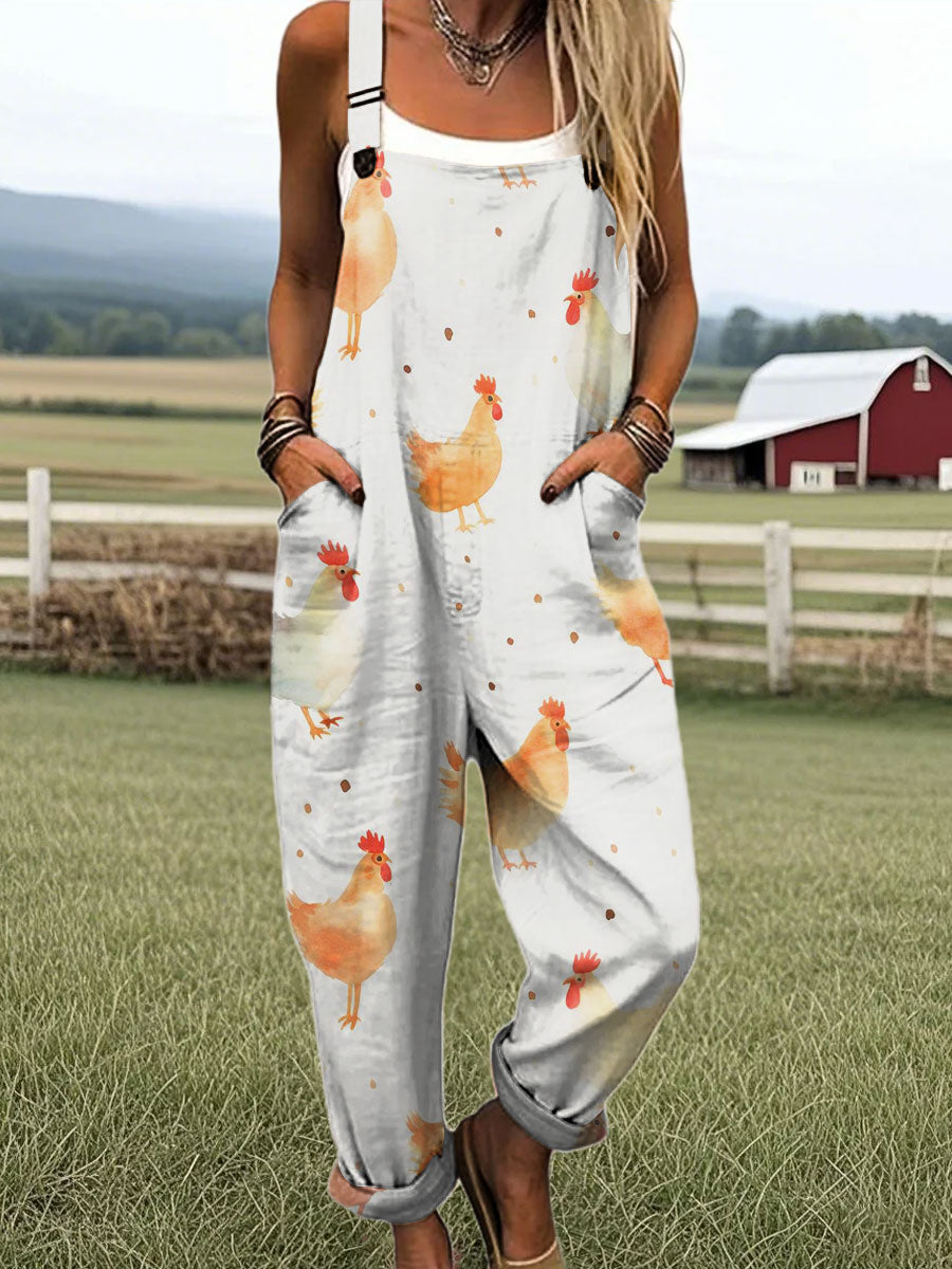 Women's Vintage Rooster Abstract Art Print Casual 100% Cotton Wide Leg Jumpsuit
