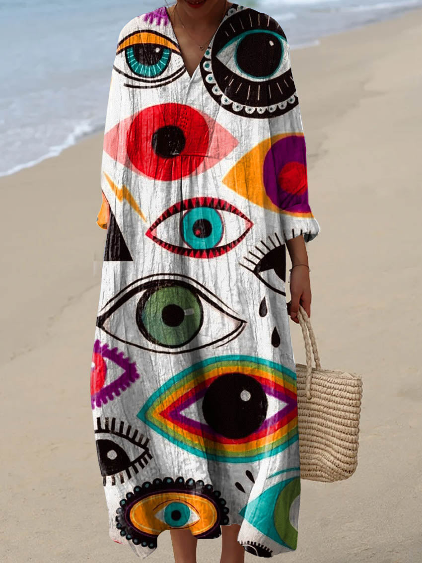 Women's Abstract Eyes Pattern Art Print Cotton Dress