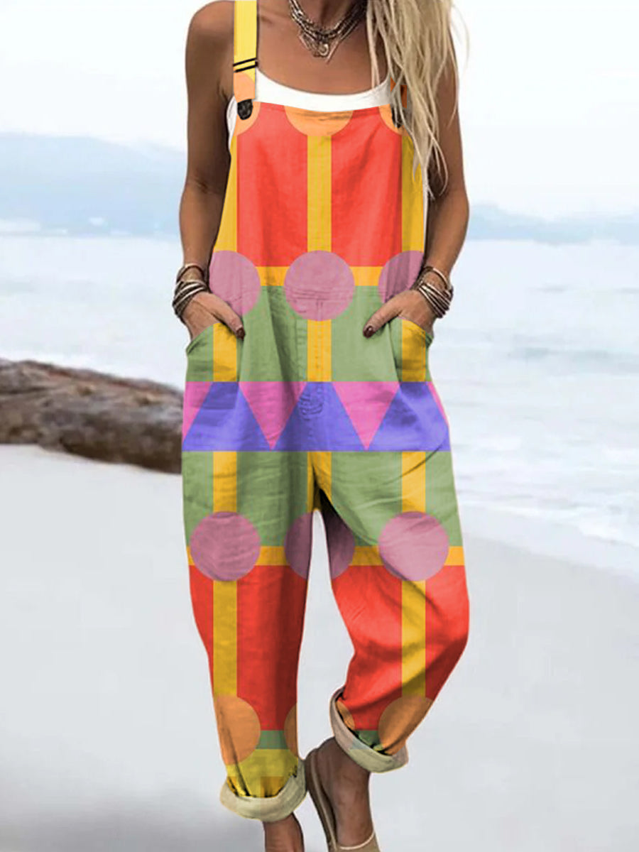 Women's Artistic Colorful Abstract Geometry Print Casual 100% Cotton Wide Leg Jumpsuit
