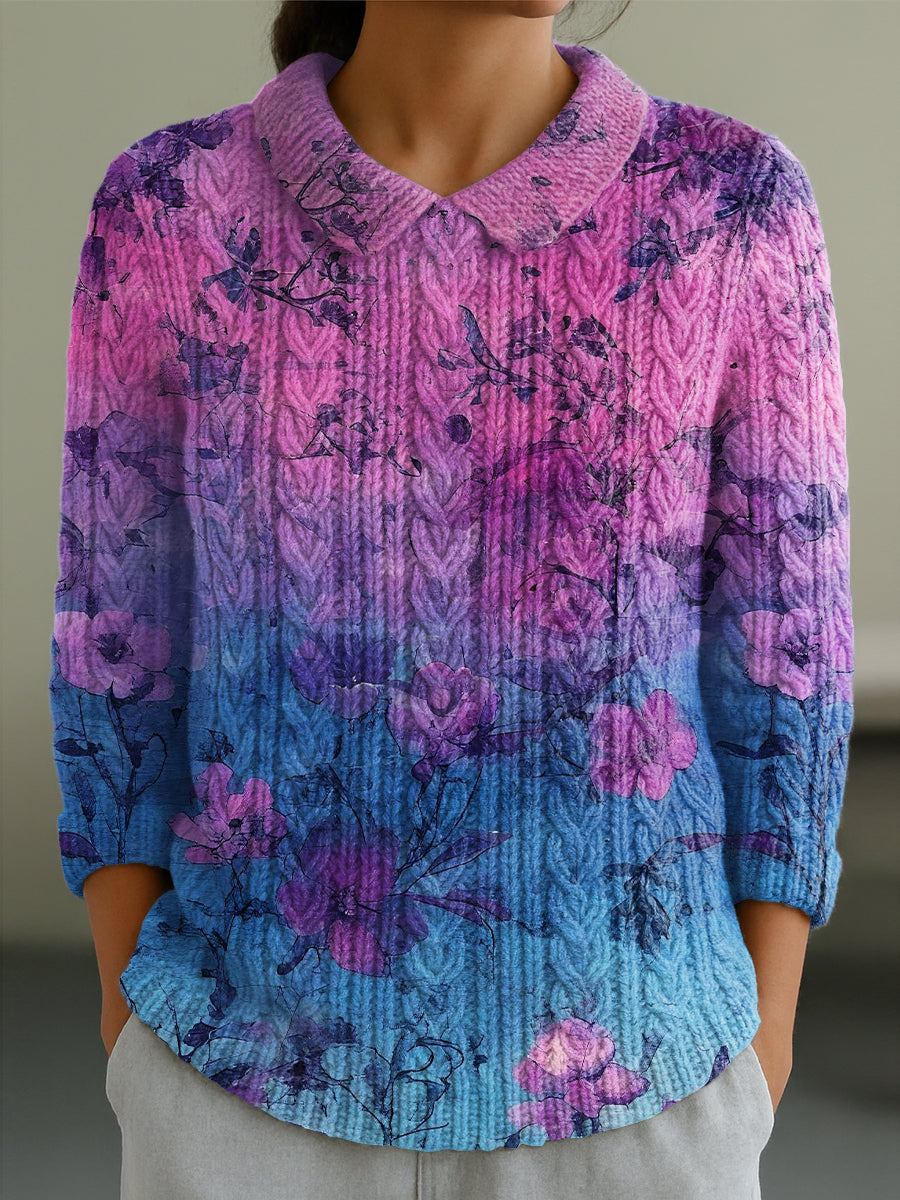 Women's Beautiful Gradient Floral Painting Art Print Casual Peter Pan Collar 3/4 Sleeve Sweater