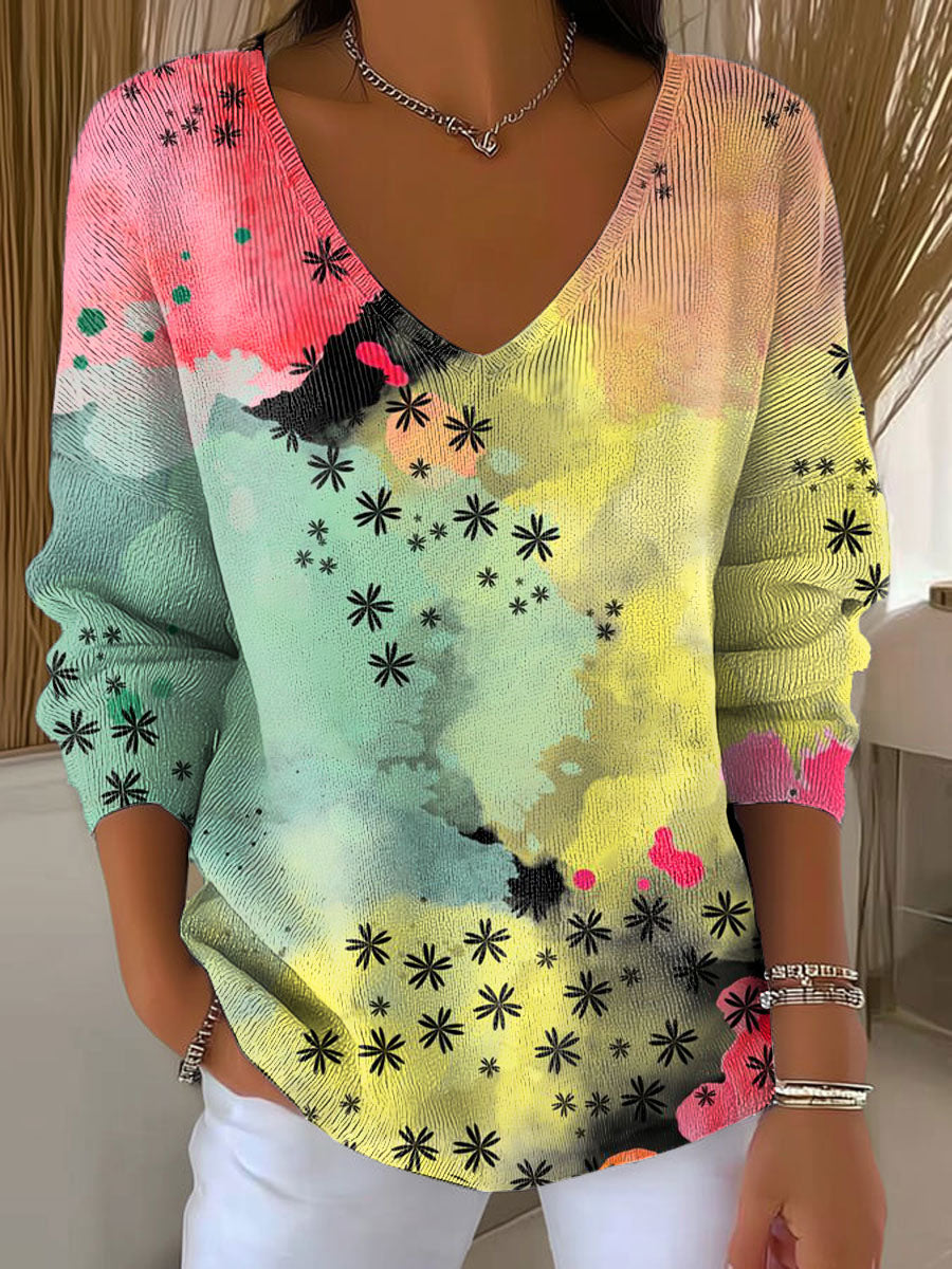 Women's Simple Floral Multicolor Abstract Casual Print Pullover Sweater