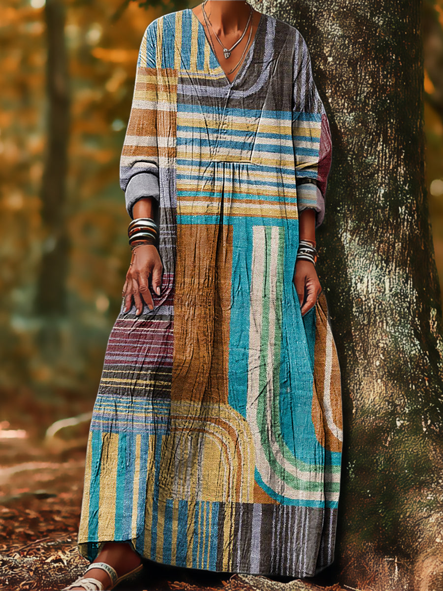 Women's Vintage Multicolor Geometric Color Block Painting Art Print Dress