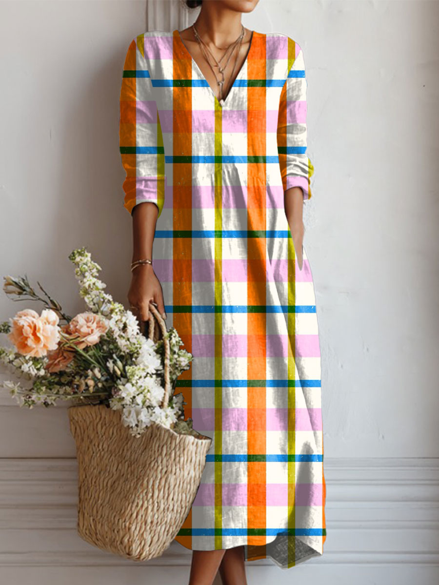 Women's Vintage Abstract Geometric Art Print Linen Pocket Tunic Dress