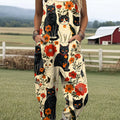 Women's Lovely Cats Floral Pattern Art Print Casual 100% Cotton Wide Leg Jumpsuit