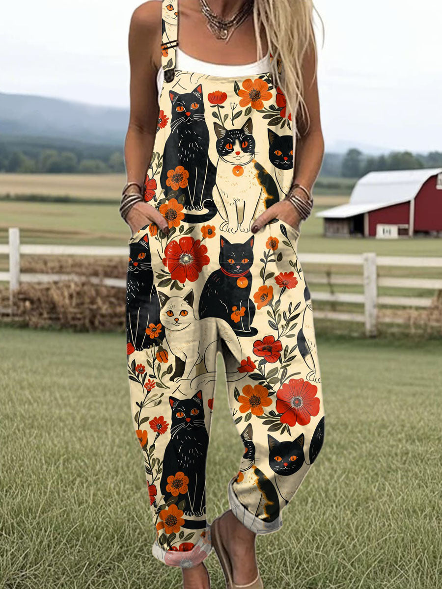 Women's Lovely Cats Floral Pattern Art Print Casual 100% Cotton Wide Leg Jumpsuit