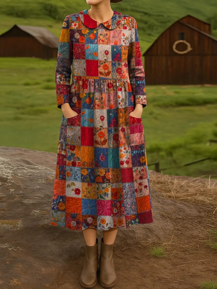 Women's Retro Patchwork Plaid Print Cotton Lapel Button-Down Shirt Dress