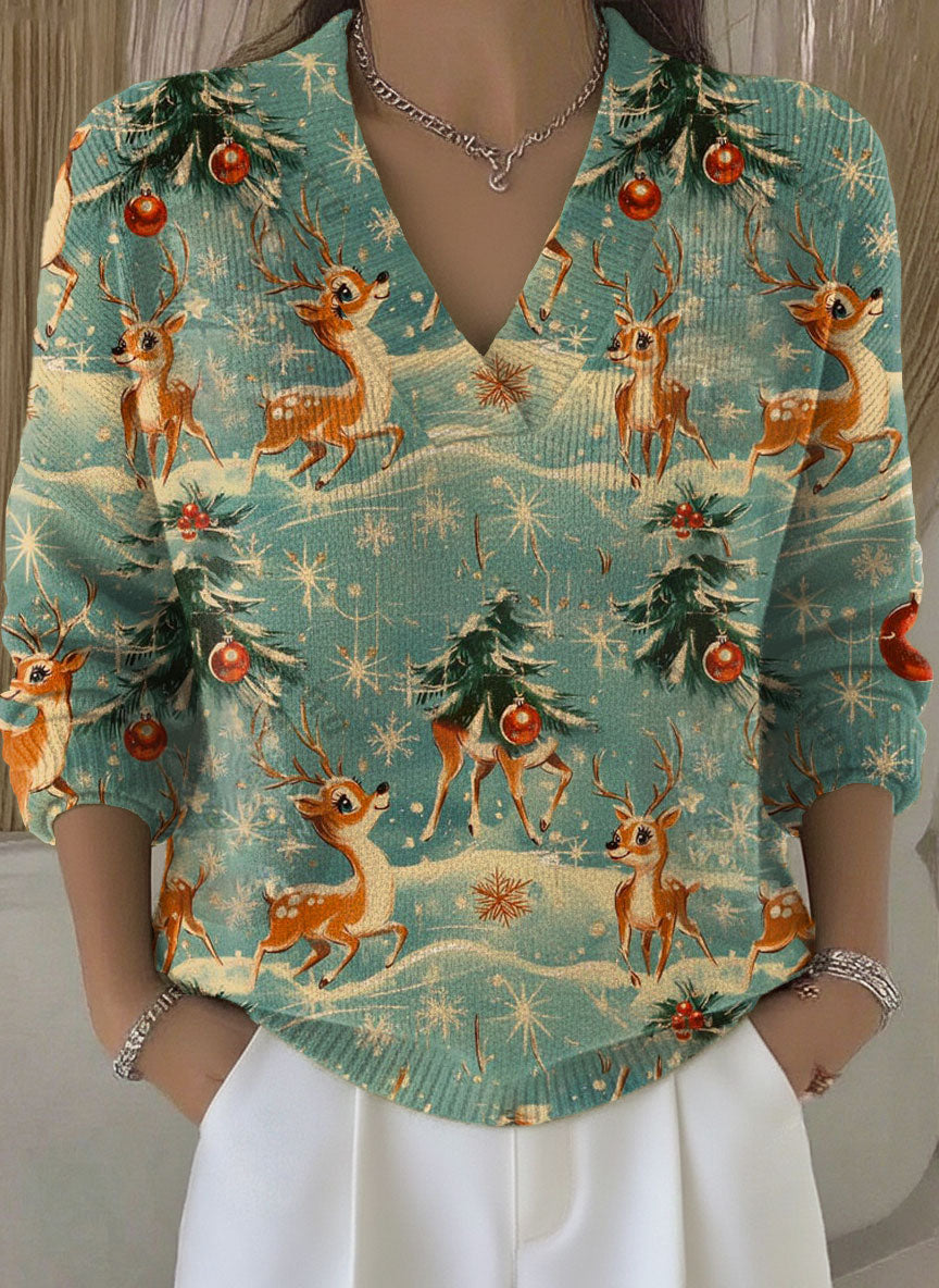 Vintage Christmas Art Print Buttoned Cardigan Sweater