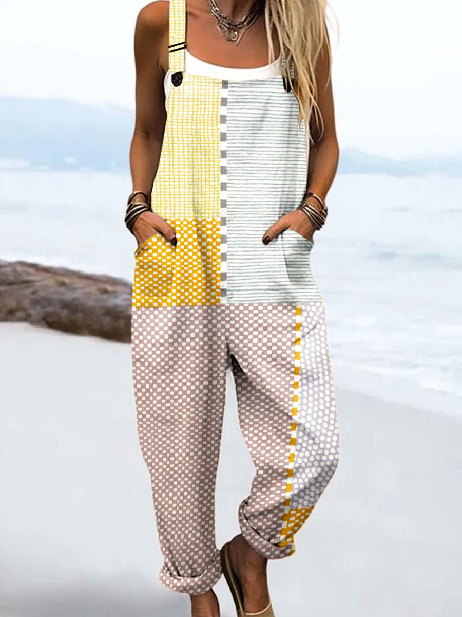 Women's Vintage Abstract Geometric Line Art Print Casual 100% Cotton Wide Leg Jumpsuit