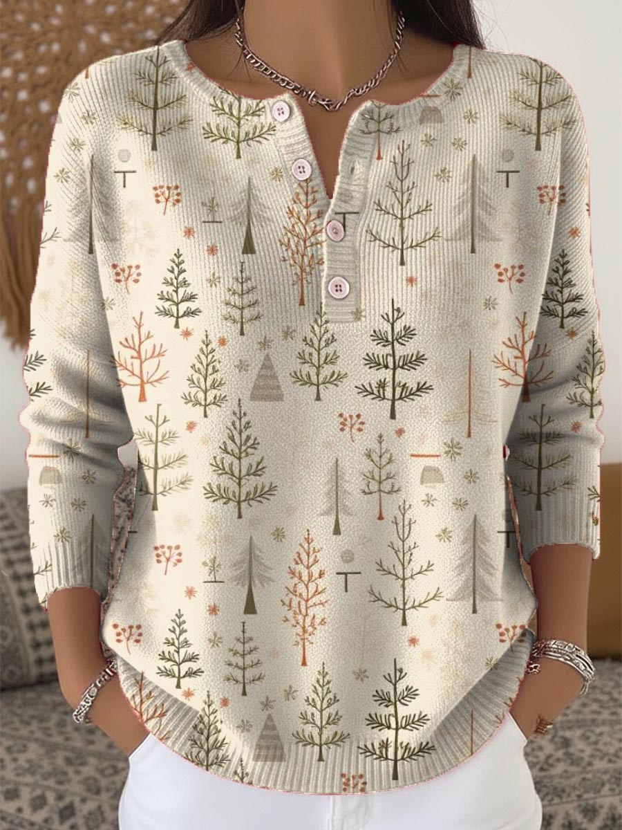 Women's Christmas Tree Pattern Art Print Buttoned Cardigan Sweater