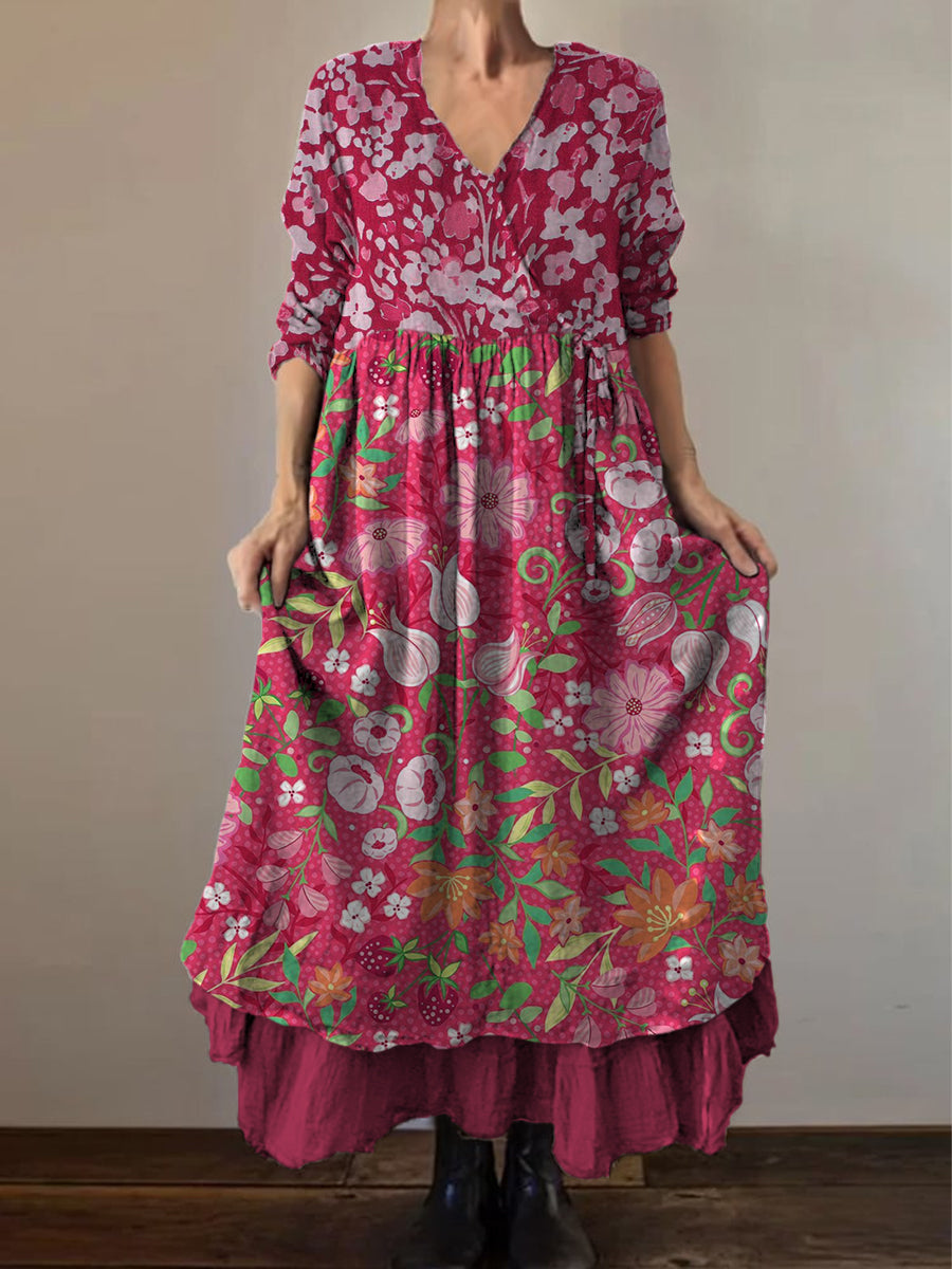 Retro Boho Floral Print Vintage V-Neck Double Hemline Cotton Long Sleeve Midi Dress