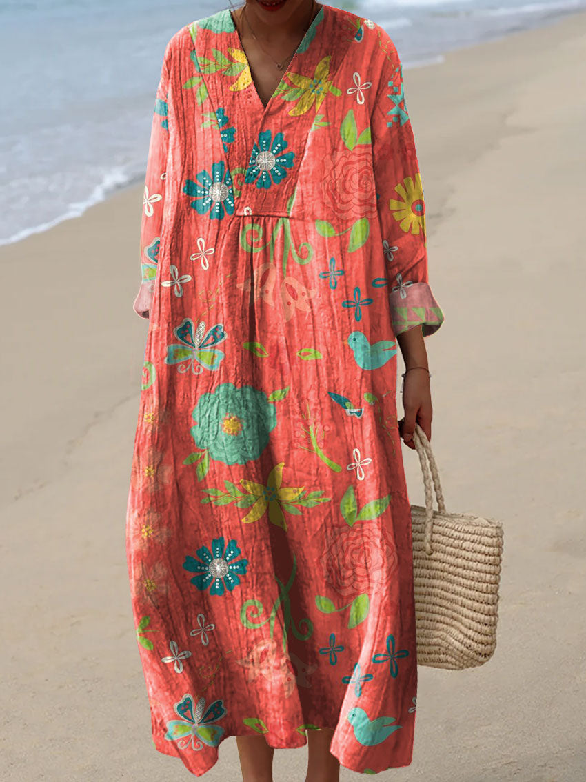 Women's Vintage Art Flowers  Print Casual Dress