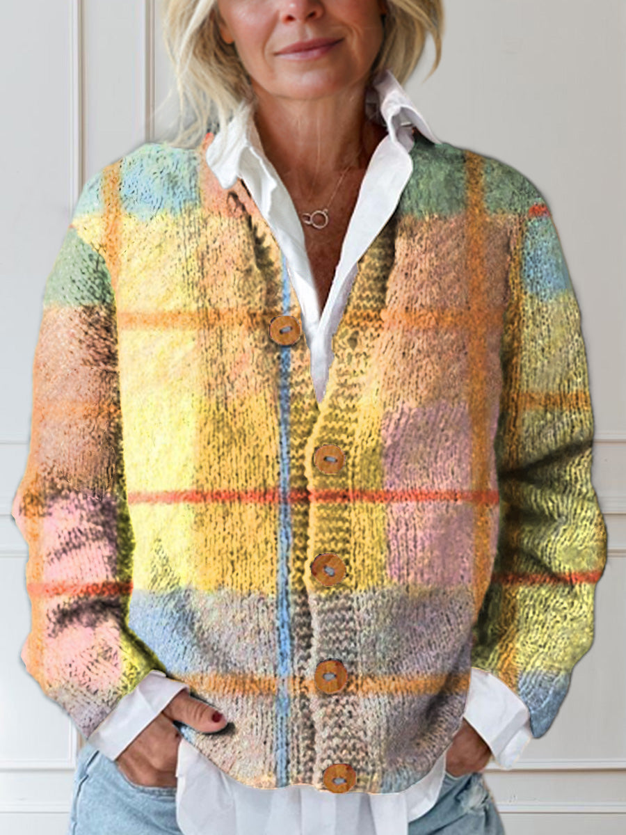 wide-grid-print-buttoned-cardigan-sweater