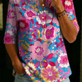 Women's Floral Pattern Art Print Casual Classic Henley Collar 100% Cotton T-shirt