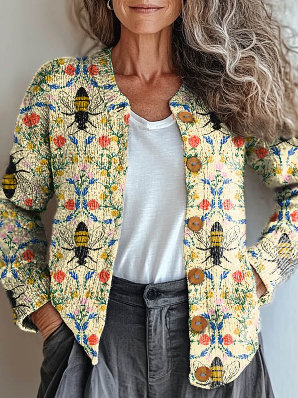 womens-lovely-bees-floral-art-print-buttoned-cardigan-sweater
