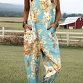 Women's Vintage Flower Art Print Casual 100% Cotton Wide Leg Jumpsuit
