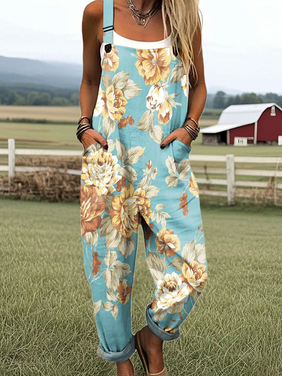 Women's Vintage Flower Art Print Casual 100% Cotton Wide Leg Jumpsuit