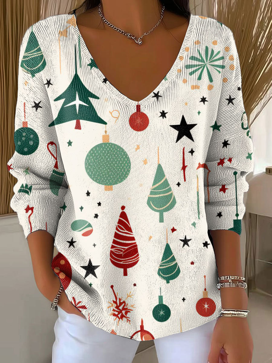 Women's Christmas Tree Pattern Print Casual Pullover Sweater