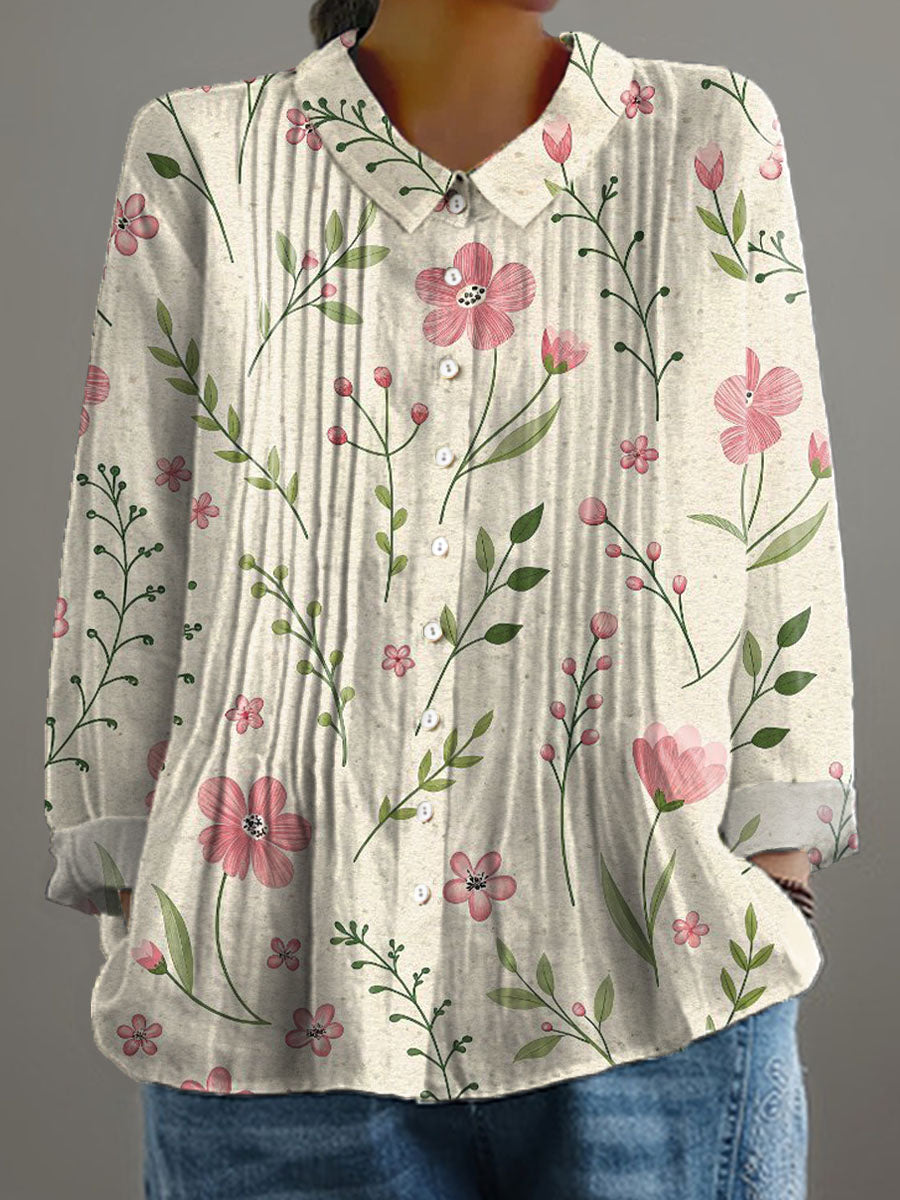 Women's Vintage Floral Art Print Casual Cotton And Linen Ruffle Shirt
