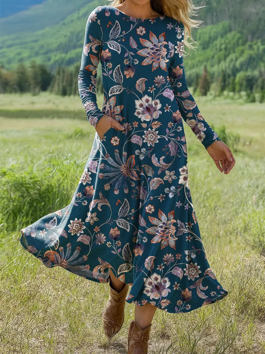 Women's Vintage  Flower Art Print Long-sleeved Dress